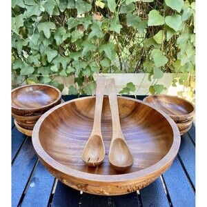 Vintage Hand Carved Wooden Salad Serving Set- 10 Pc- Elephant/Village Folk Art